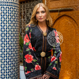 Caftan marocain noir floral en soie italienne